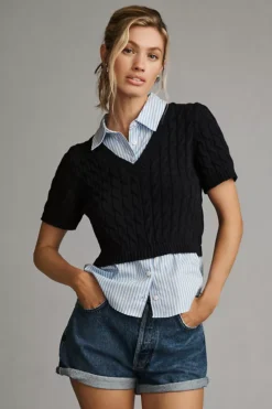 Maeve Cable Short-Sleeve Twofer Sweater