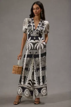 Farm Rio Puff-Sleeve Linen Jumpsuit