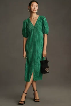 By Anthropologie V-Neck Pleated Slim Midi Dress