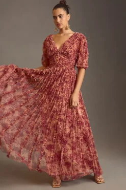 Ieena For Mac Duggal V-Neck Ruffled Mesh Dress