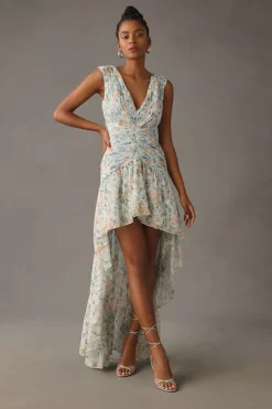 Mac Duggal Ruched Floral Cap-Sleeve High-Low Gown