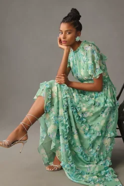 Mac Duggal Short-Sleeve Floral Chiffon Ruffled Gown