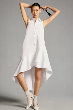By Anthropologie Sleeveless Buttondown Asymmetrical Ruffle-Hem Dress