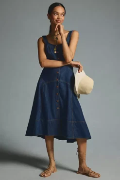 By Anthropologie Button-Front Denim Pinafore Dress