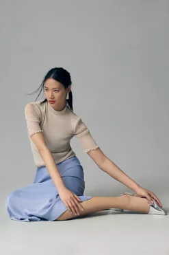 By Anthropologie Lurex Mesh Short-Sleeve Mock-Neck Top