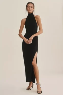 Norma Kamali Halter Turtleneck Side-Slit Midi Dress