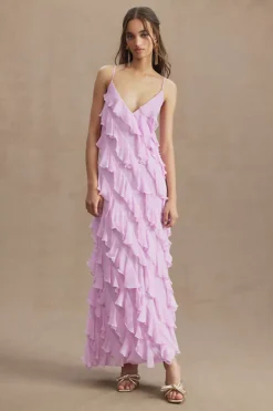 BHLDN Jia Bias-Cut Ruffled V-Neck Gown