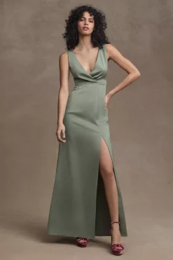 BHLDN Piper V-Neck Side-Slit Satin Gown