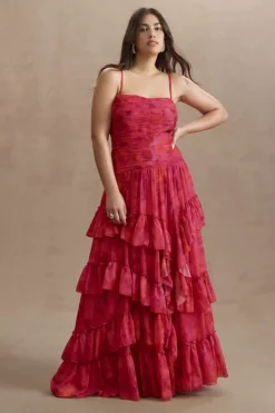 BHLDN Thalia Printed Ruched Square-Neck Ruffle Chiffon Gown -Anthropologie Shop 83940064 266 c