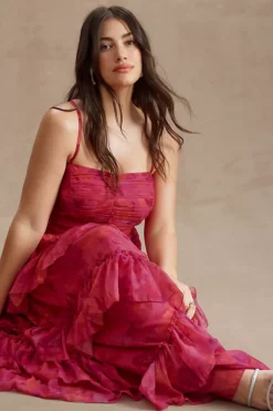 BHLDN Thalia Printed Ruched Square-Neck Ruffle Chiffon Gown -Anthropologie Shop 83940064 266 c4