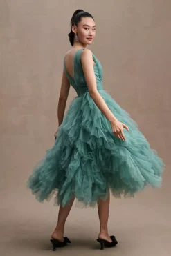 Mac Duggal A-Line Deep-V Ruffled Tulle Midi Dress -Anthropologie Shop 84184092 105 b3