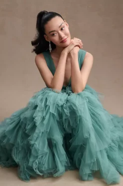 Mac Duggal A-Line Deep-V Ruffled Tulle Midi Dress -Anthropologie Shop 84184092 105 b4