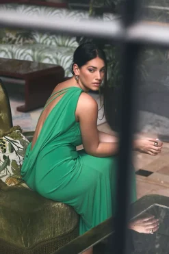 Mac Duggal Draped Jersey One-Shoulder Side-Slit Column Gown