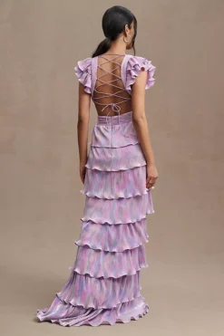 Mac Duggal Tiered Plissé Lace-Up Flutter-Sleeve Column Gown -Anthropologie Shop 84206036 059 b3