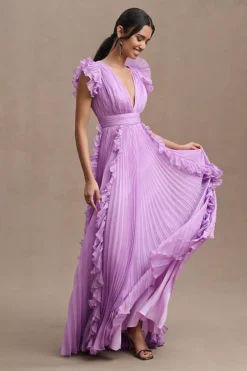 Mac Duggal Pleated Flutter-Sleeve Deep-V Empire-Waist Gown