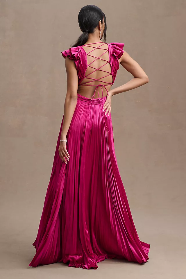 Mac Duggal Pleated Flutter-Sleeve Deep-V Lace-Up Gown 3 Mac Duggal Pleated Flutter-Sleeve Deep-V Lace-Up Gown - Image 3