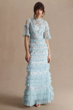 Mac Duggal High-Neck Ruffled Tiered Floral Gown