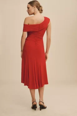 Ieena For Mac Duggal Ruched Off-The-Shoulder Midi Dress